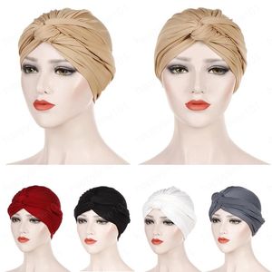 Moslimvrouwen Twist Knoop Stretch Turban Hijab Headscarf Wrap Haarverlies Kanker Cap Hat Indian Cover Islamic Mutsen Effen Kleur