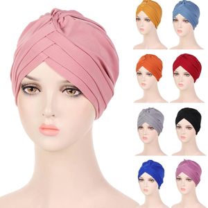 Femmes musulmanes Twisted Knot Cumio Caps Perte de cheveux Chapeaux Indian Chapeaux Front Cross Plié Hijab Lady plissée Bonnet Headwrap Scarf Couvercle