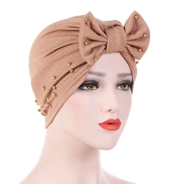 Femmes musulmanes extensible perle nœud papillon Turban chapeau écharpe chapeaux casquette tête enveloppement plaqué chimio bonnets Bonnet Hijab cheveux accessoires
