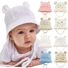 Mousseline Baby emmer hoeden voor meisjes jongens voorjaar herfst pasgeboren hoed schattige print panama visser cap outdoor baby caps 3-12 maanden l2405