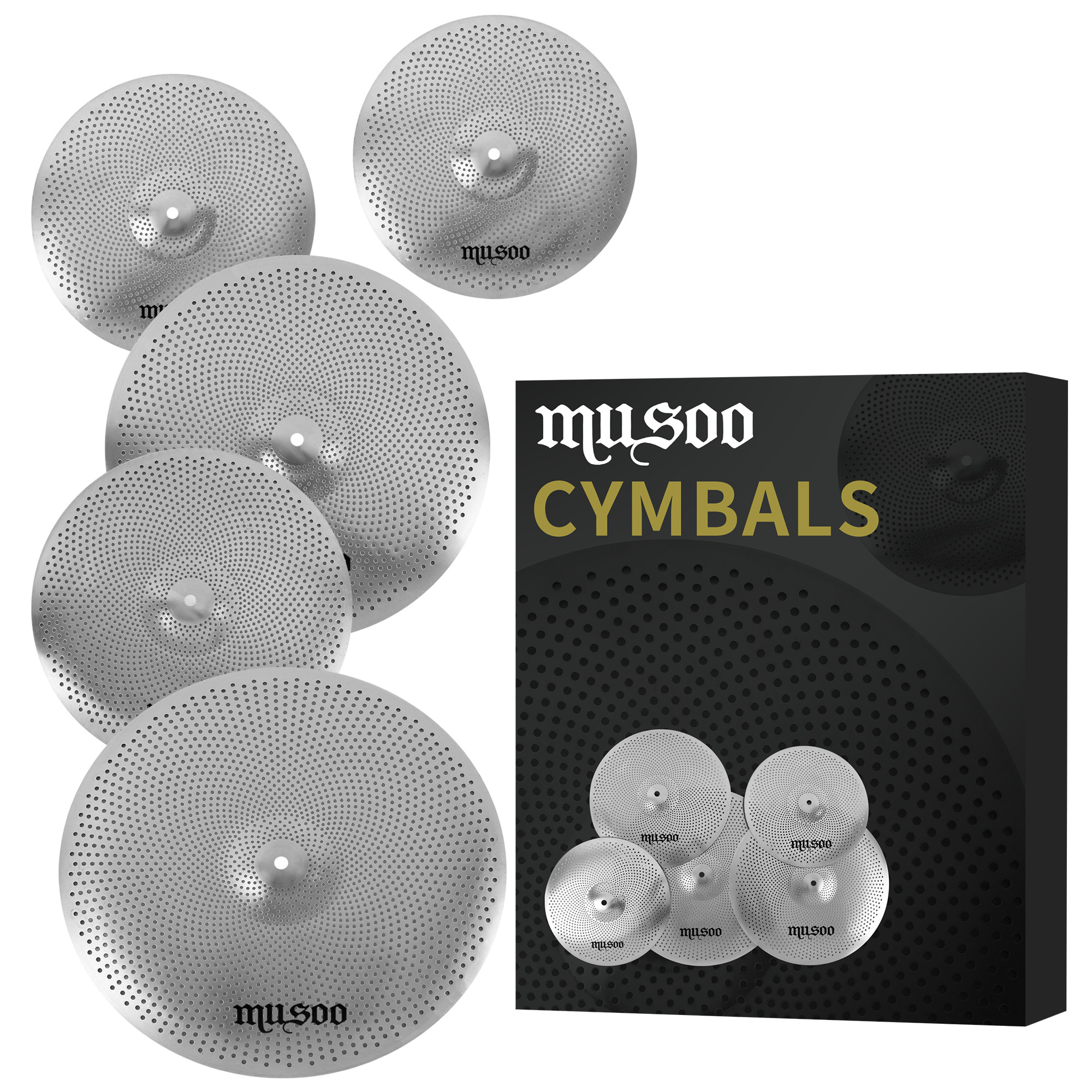 MUSOO Baixo Volume de Volume 60% -70% 14/16/18/20 polegadas Cymbals silenciosos Conjunto de 5 pcs para a prática