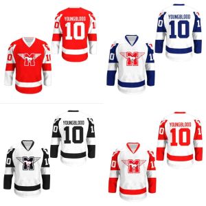 MUSTANGS Hockey Jersey 10 Youngblood Movie Rob Lowe Cosido Película Hockey Jerseys Todo cosido Blanco Rojo Azul Envío gratis