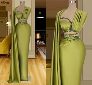 Robes De soirée formelles vert moutarde pour femmes Aso Ebi perles élégantes en Satin deuxième réception robes De soirée gaine longueur au sol bal anniversaire robes De Fiesta CL3348