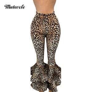 Mutevole Cascading Ruche Hoge Taille Leopard Broek Dames Elegante Print Flare Broek Elastische Dames Sexy Party Club Broek