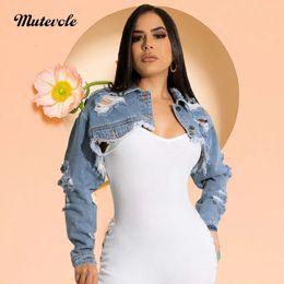 Mutevole manches longues déchiré culture Denim veste femmes Sexy trou évider jean manteau printemps automne col rabattu hauts courts 240202