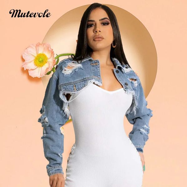 Mutevole à manches longues à manches dérangées en denim veste femme sexy trou de rythme