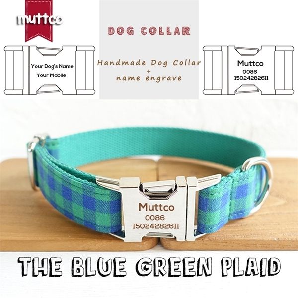 MUTTCO collar de perro personalizado grabado etiqueta de identificación del cachorro THE BLUE GREEN PLAID anti-perdida suministros ajustables para mascotas 5 tamaños UDC073 LJ201130