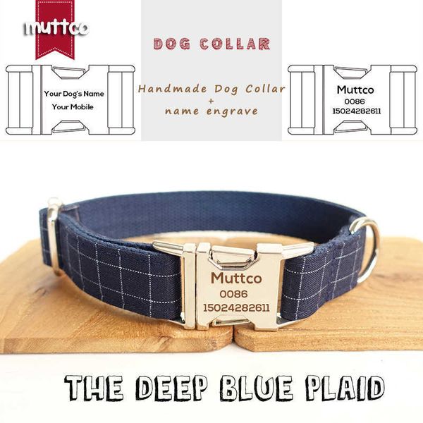 MUTTCO Leser collier de chien gravé vente au détail cool plaid fait à la main THE DEEP BLUE PLAID 5 tailles UDC021 211006