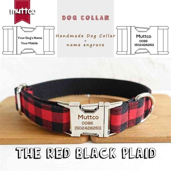 Collier d'étiquette d'identification de chien personnalisé Muttco pour Chihuahua Poodle The Red Black Plaid Nom de l'animal personnalisé et numéro de téléphone 5 tailles UDC074 210729