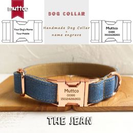 MUTTCO zelfontwerp gepersonaliseerde halsband voor huisdieren THE JEAN handgemaakte halsband 5 maten gegraveerde halsband en riem met roségouden gesp UDC035M2161