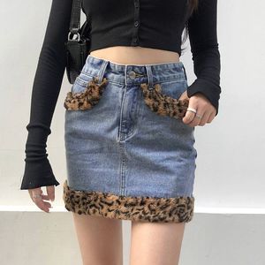 Muyogrt luipaard bontrand denim rok vrouw preppy stijl school meisjes 90s esthetische streetwear hoge getailleerde mini rokken y2k jeans x0428