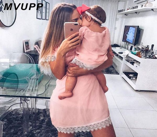 MVUPP vestidos de madre e hija Moda sólida para mamá y yo ropa apariencia familiar mamá bebé vestido elegante trajes a juego summer2056800