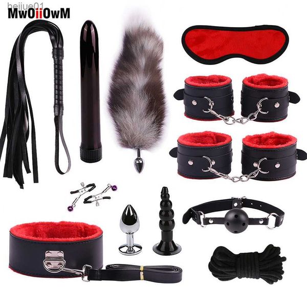 MwOiiOwM 12 Pcs Accessoires Exotiques Sex Bondage Set Menottes Fouet Corde Anal Renard Queue Vibrateur Sex Toys Produit Adulte pour Couples L230518