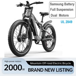 Bicicleta de montaña eléctrica de 26 pulgadas, bicicleta eléctrica de doble motor de 2000 W, bicicleta urbana con neumáticos anchos, 17,5 Ah, 48 V, bicicleta eléctrica SAMSUNG con suspensión total, crucero de playa, ciclomotor E-MTB Shengmilo S600 de EE. UU.