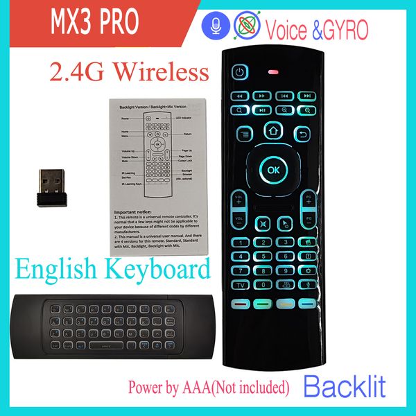 MX3 PRO Voice Air Mouse Control remoto Mini teclado retroiluminado 2,4G giroscopio inalámbrico IR aprendizaje para Android TV Box PC