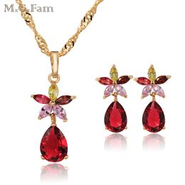 MxGxFam rouge CZ ensembles de bijoux pour femmes multicolore fleur goutte d'eau 18 k or jaune couleur 45 cm vague chaîne 240125