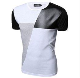 MXXL PU Le cuir T-shirt Men de haute qualit￩ Splice ￠ manches courtes Tshirt mode Coton Oneck Hip Hop Mens Tops Tee7466926