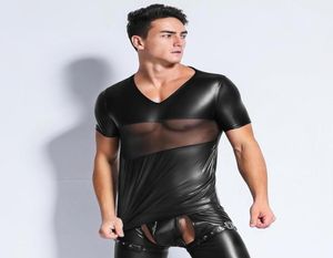 MXXL Sexy mannen kunstleer t-shirts Mannelijke mode Hemdjes Mannen zwarte Tees strakke shirts Gay Grappige corset kant mesh Dancewear Y201348679