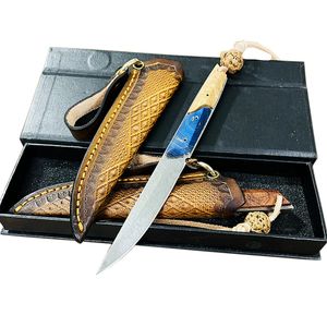 MY C7152 Cuchillo de hoja fija de gama alta VG10 Hoja de acero de Damasco Mango de madera curado de espiga completa Acampar al aire libre Senderismo Supervivencia Cuchillos rectos con funda de cuero