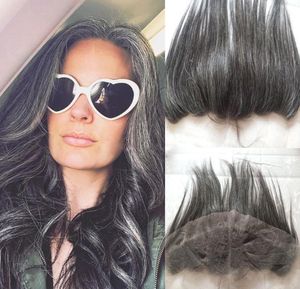 My Queen Mix Grey Lace Frontal Fermere 134 Human Heum Hair Black Grey Oree to Eart Ferme pour grand-mère Straight5745238