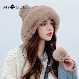 MYALICE hiver femmes coton cachemire couverture casquette trois boules de fourrure décorer garder au chaud plus velours tricoté chapeau cadeau en gros 211119