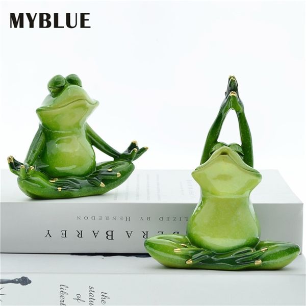 MYBLUE 2 Pcs/ensemble Kawaii Jardin Animal Résine Yoga Grenouille Figurines Nordique Artisanat Décorations Home Studio Décor Ornement Moderne 210804