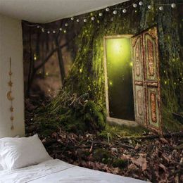 Mysterieuze deur van boom tapijtwand op hangende psychedelisch bos schilderachtige paddestoel eland hippie mandala muur tapijt decor muur tapijten j220804