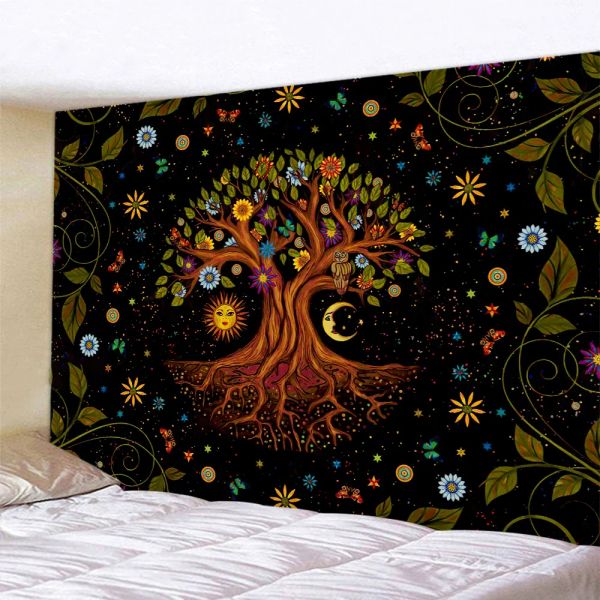 Mystérieux arbre de vie de la vie Mandala Scène psychédélique mur art tapisserie bohème décor chambre chambre esthétique décor de la maison tapisserie