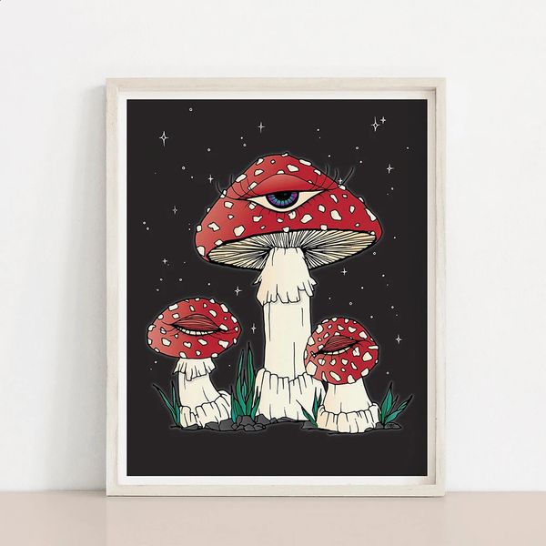 Champignon mystique avec oeil affiche champignon rouge Art impression Vinatge drôle pénis champignon toile peinture mur photos chambre décor 240129