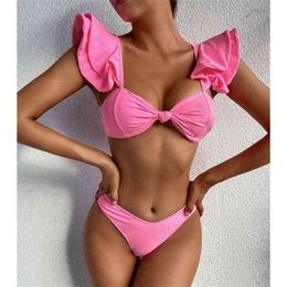 Myteng Roze Ruche Badmode Vrouwen Bikini 2 Stuk Set Hoge Kwaliteit Badpak Push Up Badpak Zomer Beachwear Biquini 210522