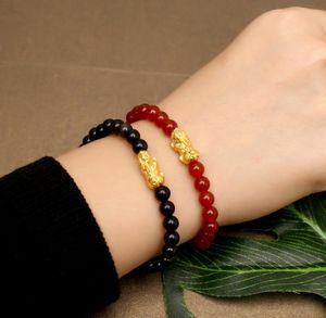 Mythical Lucky Armband Pixiu Liefhebbers Imitatie Goud Natuurlijke Zwart Rode Kralen Armbanden Sieraden Gift