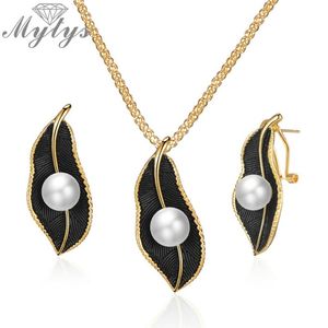 Mytys collier de perles sur feuille noire ensembles de bijoux pour femmes rétro romantique cadres en fil d'or feuille pendentif boucles d'oreilles CE611CN5402593