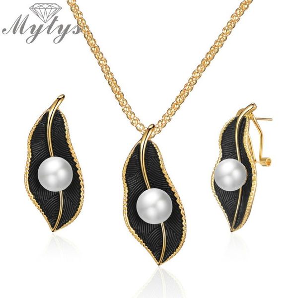 Mytys collier de perles sur feuille noire ensembles de bijoux pour femmes rétro romantique cadres en fil d'or feuille pendentif boucles d'oreilles CE611CN5402593