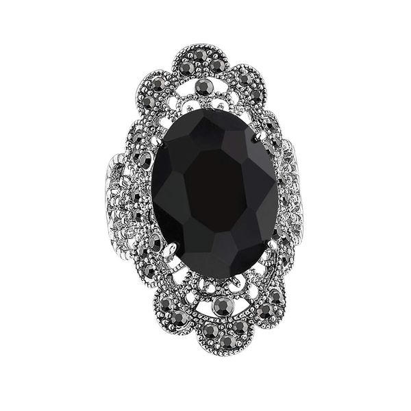 Mytys Bague de déclaration de cocktail rétro vintage en marcassite noire pour femmes et filles en argent antique avec grande pierre d'onyx noir