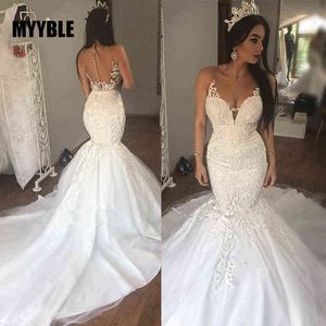 MYYBLE vestidos de novia árabes apliques tren largo sirena robe de mairee personalizado escote transparente vestido de novia Beige vestidos de boda H0105