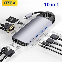 MZX 10in1 USB C Hub Station d'accueil 1000 Mbps Ethernet RJ45 VGA Tipo Type A extenseur d'accueil ordinateur portable pour Macbook Pro 240104