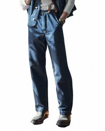 n Stock 1920s cintura general Wab Stripe Jeans pantalones de trabajo retro para hombres Indigo R9rX #