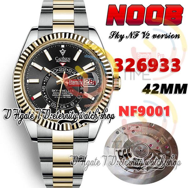 N V2 42mm Sky nf326933 A9001 Calendrier de complication Montre automatique pour homme Lunette cannelée Cadran noir Marqueurs de bâton Bicolore Bracelet en acier 904L Montres super éternité