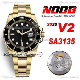 N V2 SA3135 Montre automatique pour homme en or jaune 18 carats, lunette en céramique, cadran à index noir, boîtier en acier 904L et bracelet OysterSteel ETA Supe221d