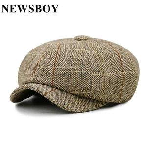 N30Q Berets Newsboy Cap pour hommes Herringbone Khaki Femmes British Style Béret printemps octogonal Vintage A réglable Chapeaux et Caps D24418