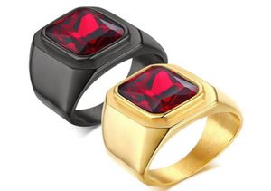 N321 Fashion Gifts Sieraden Gold Black Kies Punk roestvrij staal Gothic Red Gems Ruby Large Stone Band Ring Women Men 8113671140