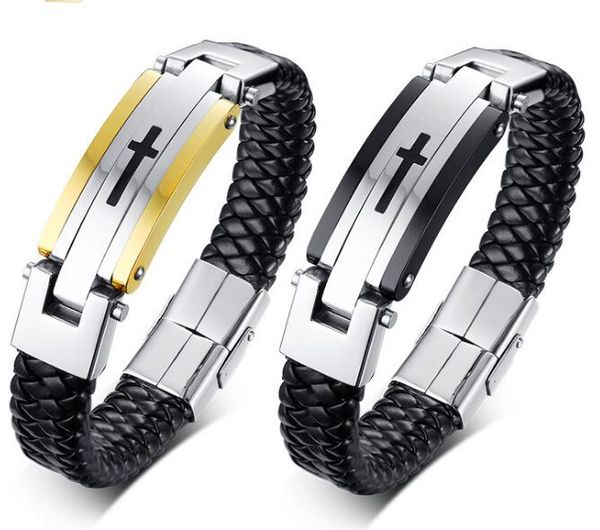 Bijoux Hip-Hop Hommes en acier inoxydable 14mm En Cuir Noir Énorme Croix ID Bracelet Bracelet Hommes Cadeaux Père mari cadeaux