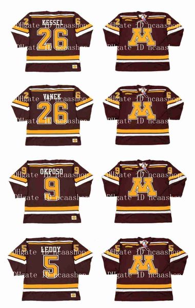 N85 Vintage Minnesota Gophers Jersey 26 THOMAS VANEK 26 PHIL KESSEL 9 KYLE OKPOSO 5 NICK LEDDY Personalizado Cualquier nombre Número NCAA Hockey Jerseys