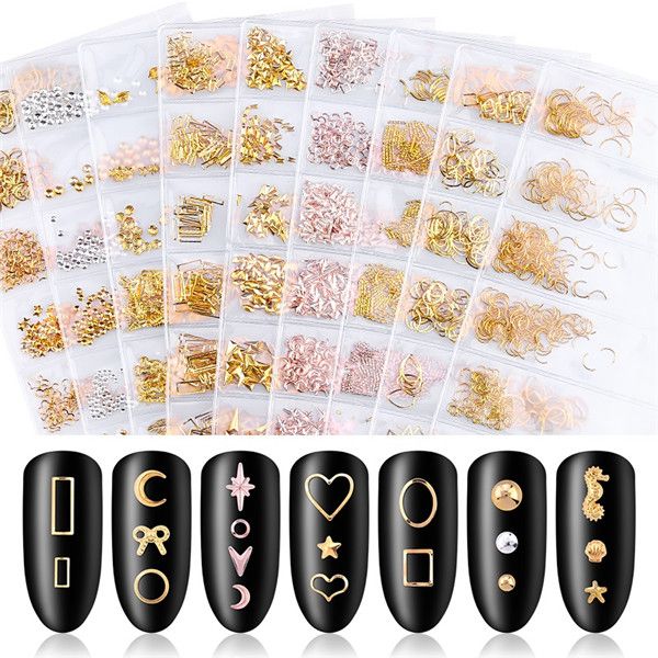 NA009 10 Styles Grille d'or Nail Art Moon Star Métal Rivet Goujons Bricolage Charm 3D Décoration Accessoires Bijoux Glitter Manucure pierre