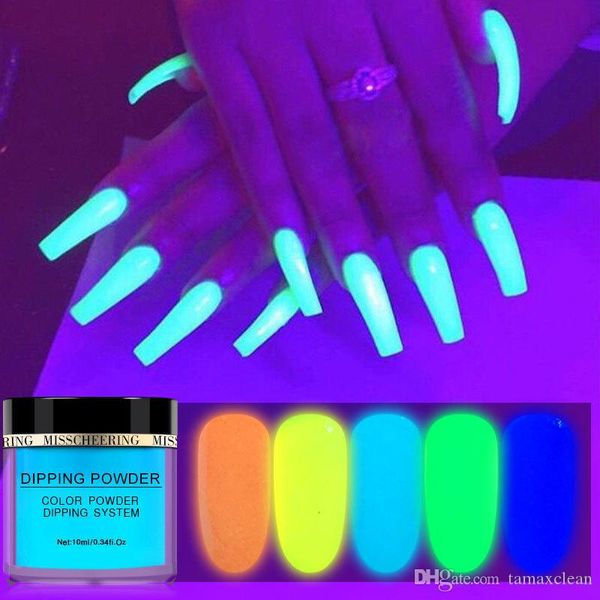 NA055 brillo de uñas polvo de esmalte de uñas luminoso 10ML verde amarillo luz ultrafina en la oscuridad pigmento fluorescente nail art polvo de inmersión