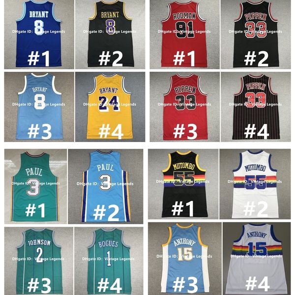 Maillot de basket rétro Na85 Mamba Bryant Dikembe Mutombo Chamberlain Larry Johnson Jerry West Dennis Rodman Scottie 33 Pippen Chris Paul Muggsy