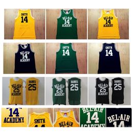 Na85 The Fresh Prince of Bel-Air Cousu 14 Will Smith Jersey 25 Carlton Banks Bel-Air Academy College Movie Version Jersey Vert Jaune Noir