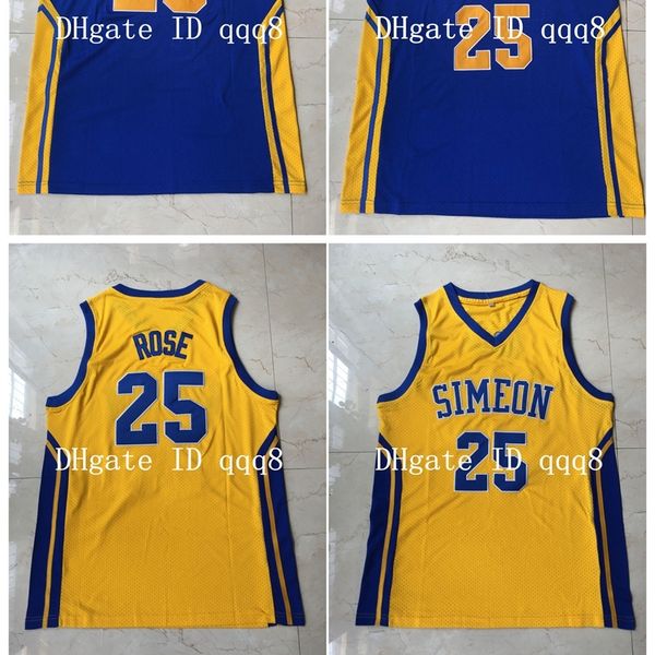 Na85 Calidad superior 1 Derrick 25 Rose Jersey Simeon High Movie College Basketball Jerseys Azul Amarillo 100% cosido Tamaño S-XXL