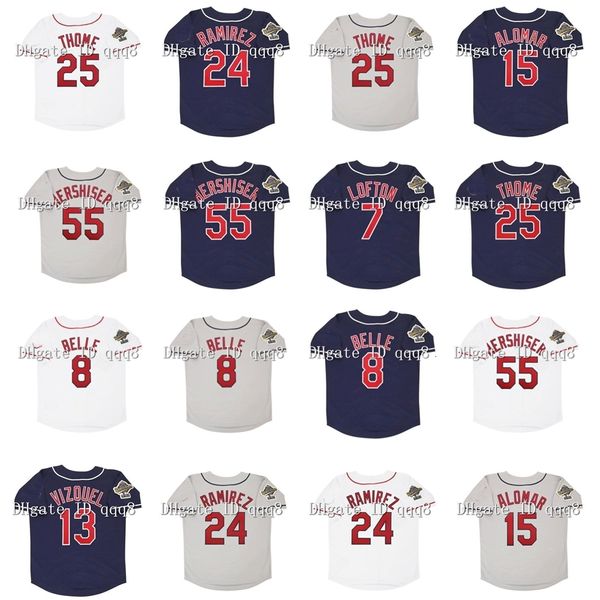 Na85 Vintage 1995 Maillots de baseball 25 Jim Thome 24 Manny Ramirez 7 Kenny Lofton 8 Albert Belle 55 Orel Hershiser 15 Sandy Alomar 13 Omar Vizquel