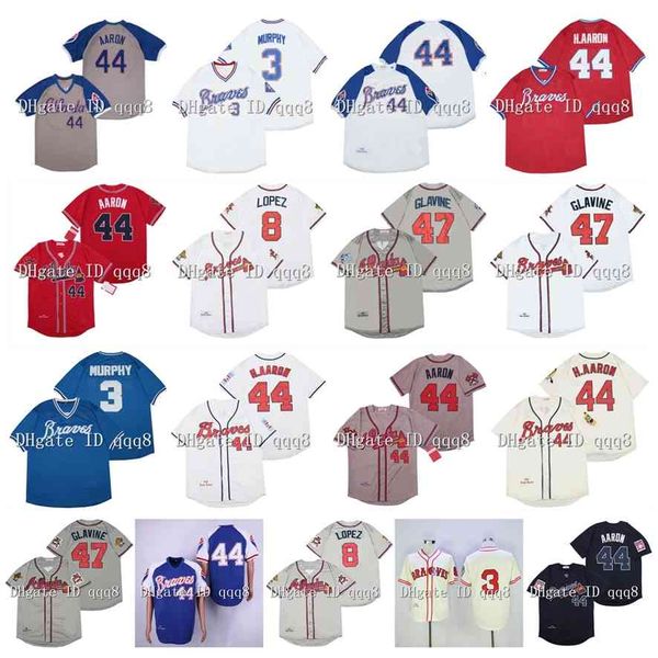 Na85 Vintage Baseball Jersey 3 Dale Murphy 8 Javy Lopez 44 Hank Aaron 47 Tom Glavine Blanco Gris Retro Jersey